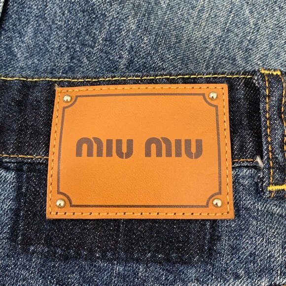 Miu Miu Distressed Denim Mini Skirt With Red & Blue Studded Pocket Accents - Picture 6 of 9
